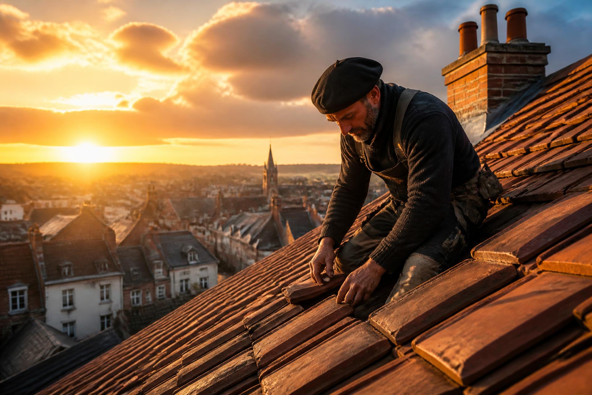 Couvreur ADJ Couverture & Bâti au travail sur une toiture en tuile près de Valenciennes